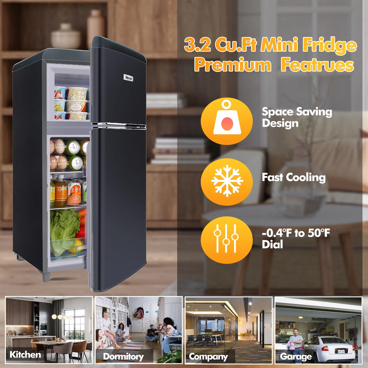 3.5 Cu Feet Two Door Mini Fridge with Freezer, Black O9300