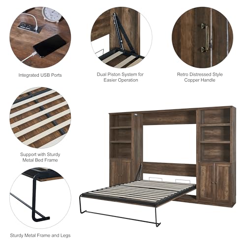 Queen Size Wall Murphy Bed with 2 Side Cabinet Storage Shelf and Built-in USB Ports J921340