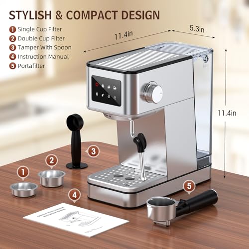 Silver Stainless Steel Espresso Machine with Milk Frother, 20 Bar, 57.5oz Water Tank D1395