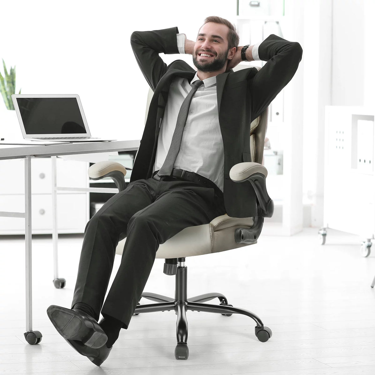 White Ergonomic Executive Desk Chair with Lumbar Support U59312