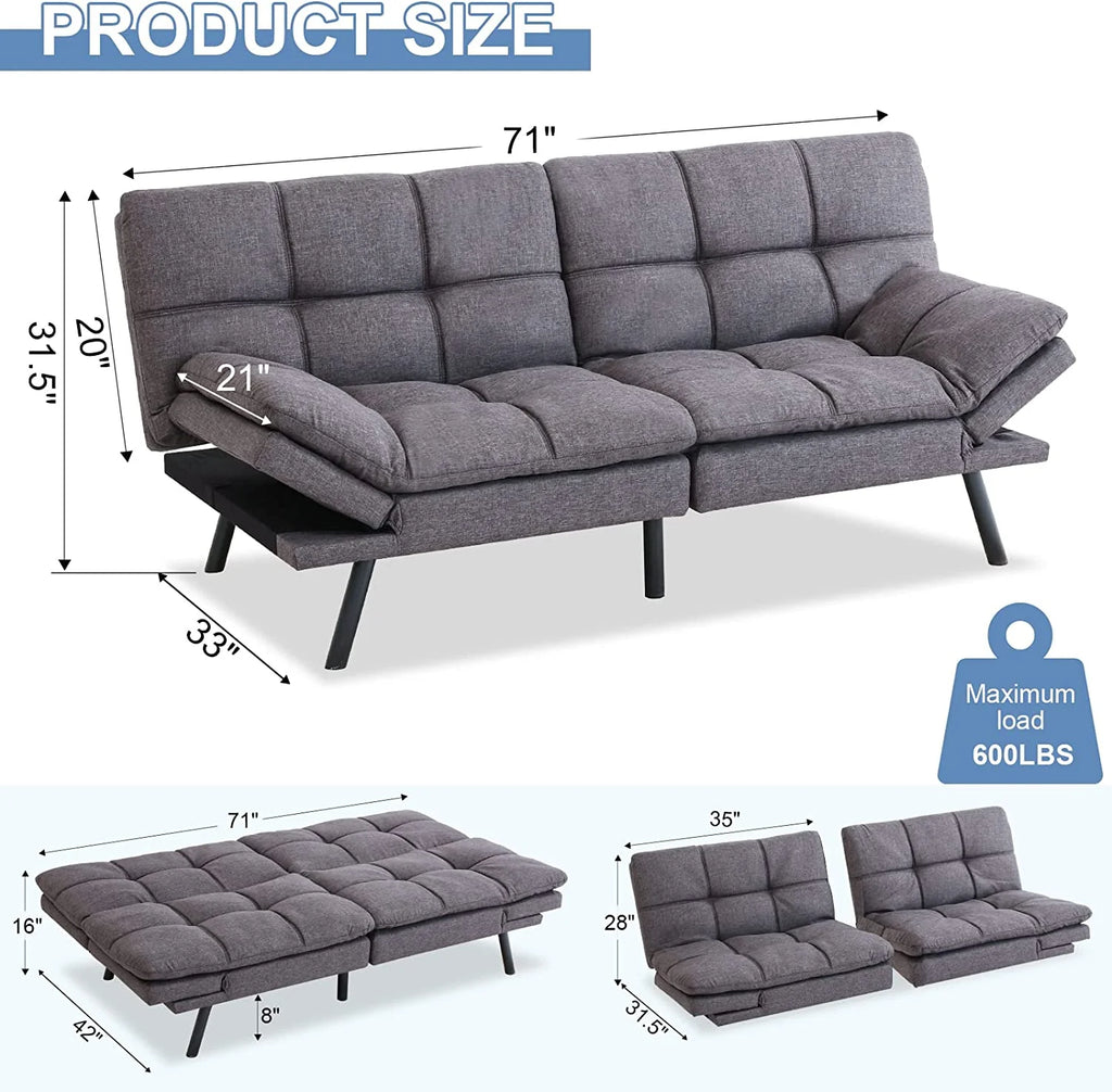 Memory Foam Futon Sofa Bed with Removable Armrests F832