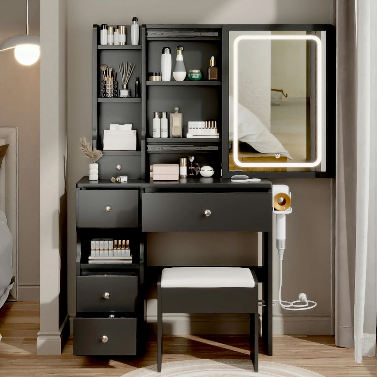 White Vanity Table with Lighted Mirror and Stool P9005