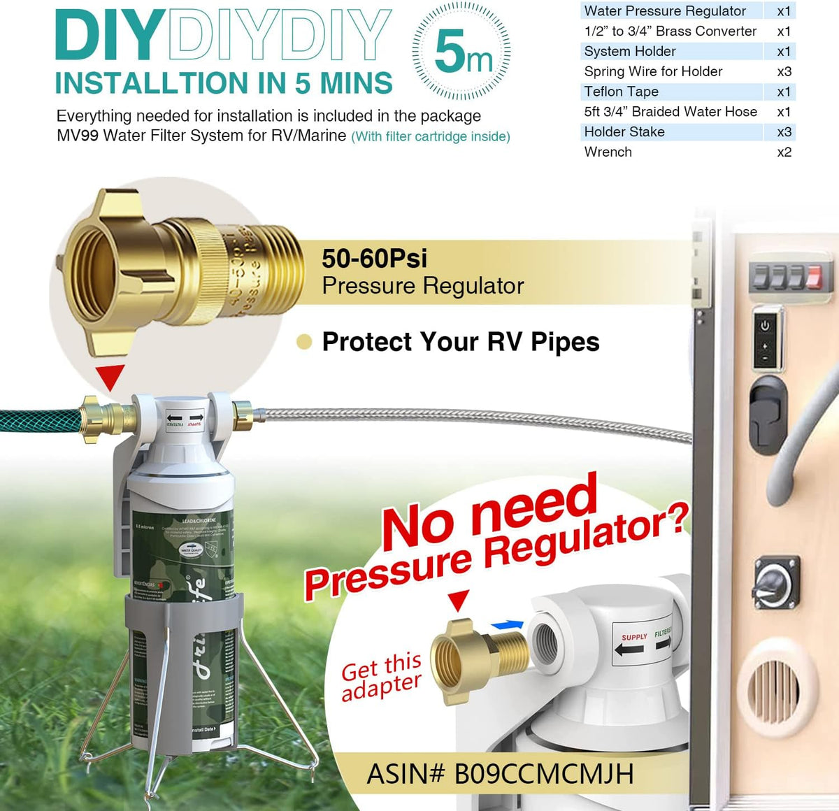 RV Inline Hose Water Filter 0.5 Micron with Pressure Regulator T550761