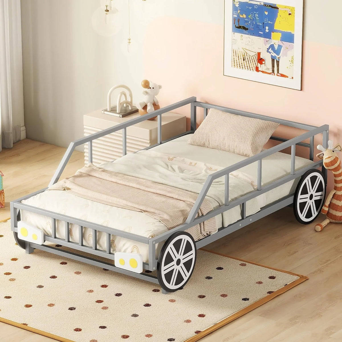 Car Bed with Rails and 4 Wheels Kids Bed Frame V190553