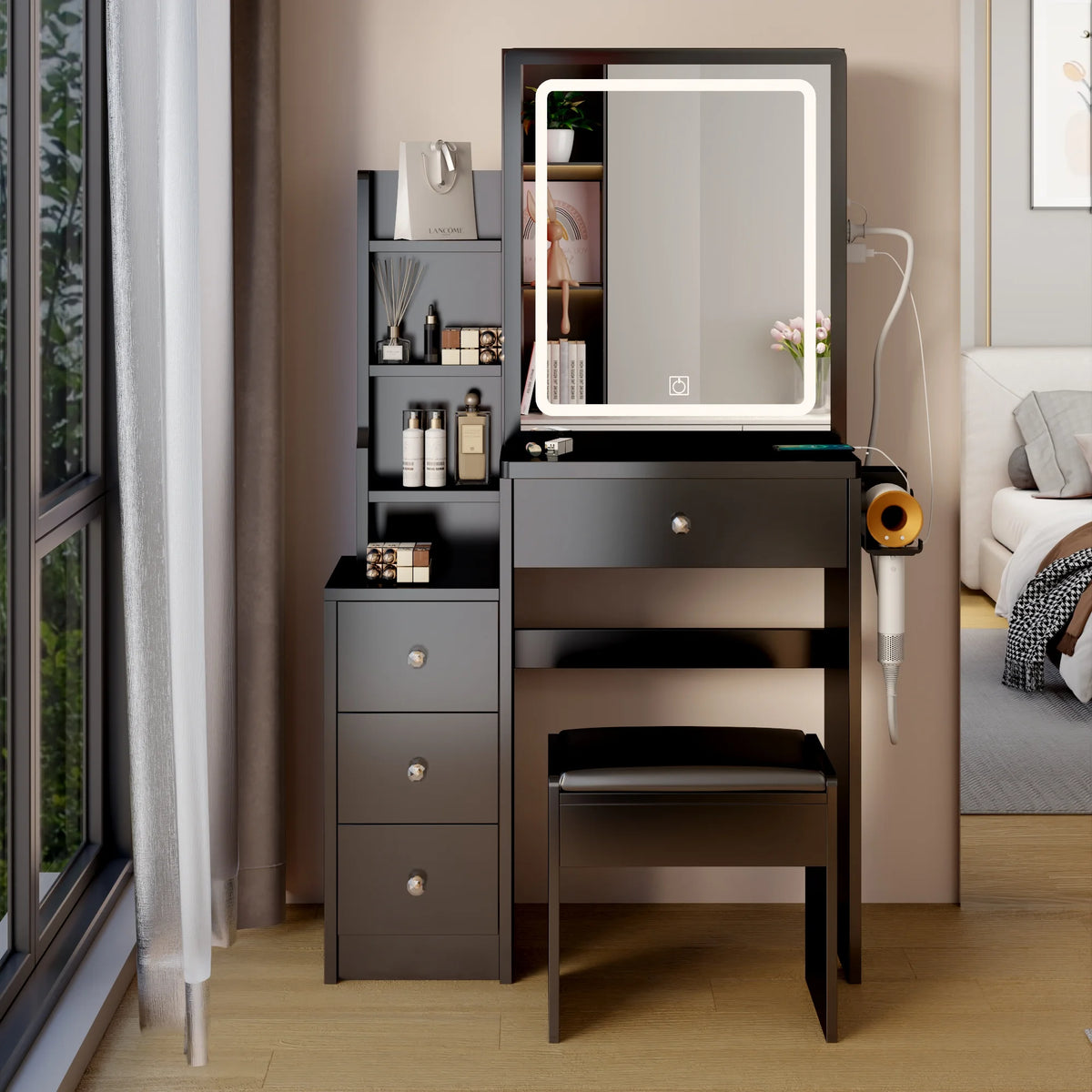 White Vanity Table with Lighted Mirror and Stool P9005