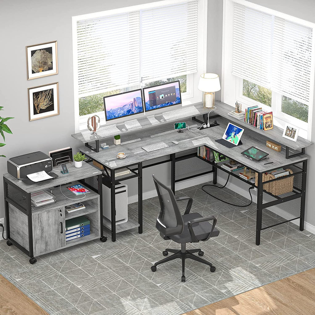 L Shaped Computer Desk with Power Outlet and LED Strip L9258