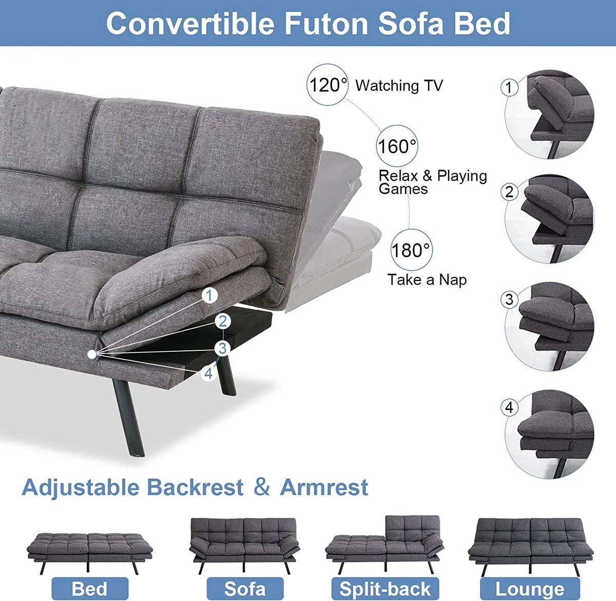 Memory Foam Futon Sofa Bed with Removable Armrests F832