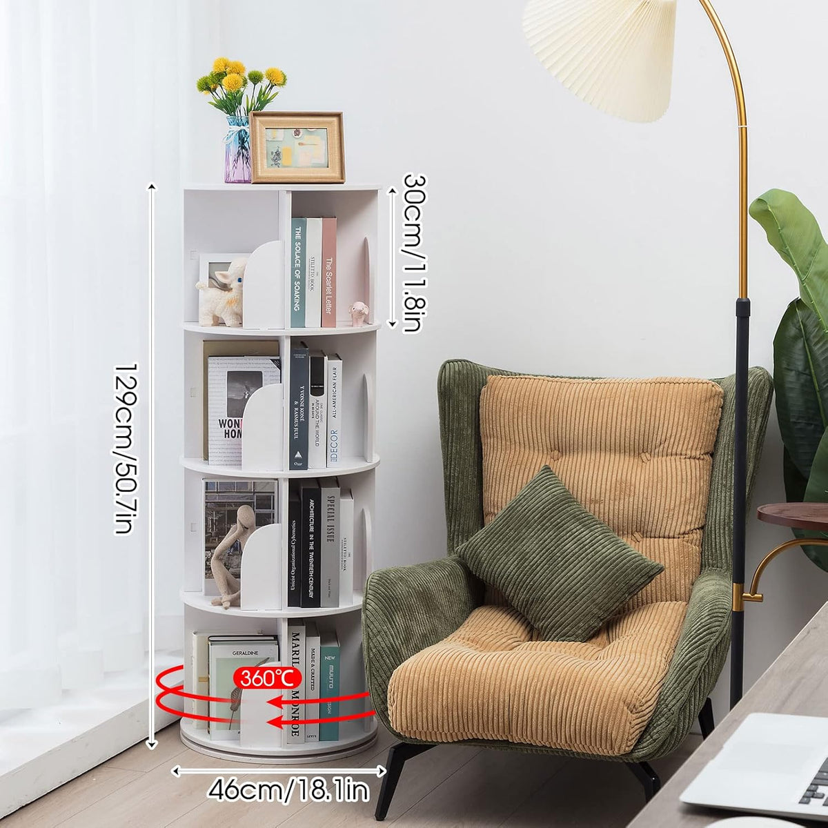White 4 Tier 360 Rotating Wood Bookshelf R73953