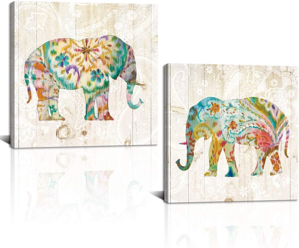 2 Panels Elephant Canvas Wall Art Framed 24x24x2pcs X195136
