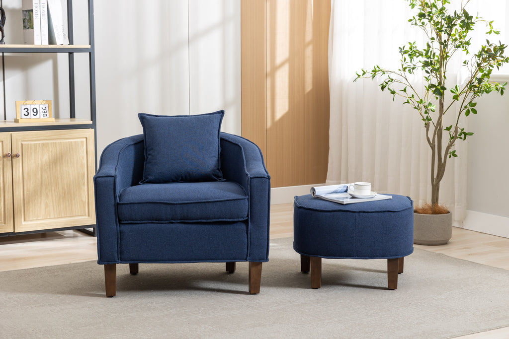 Navy Linen Accent Chair with Ottoman and Wood Legs G31988
