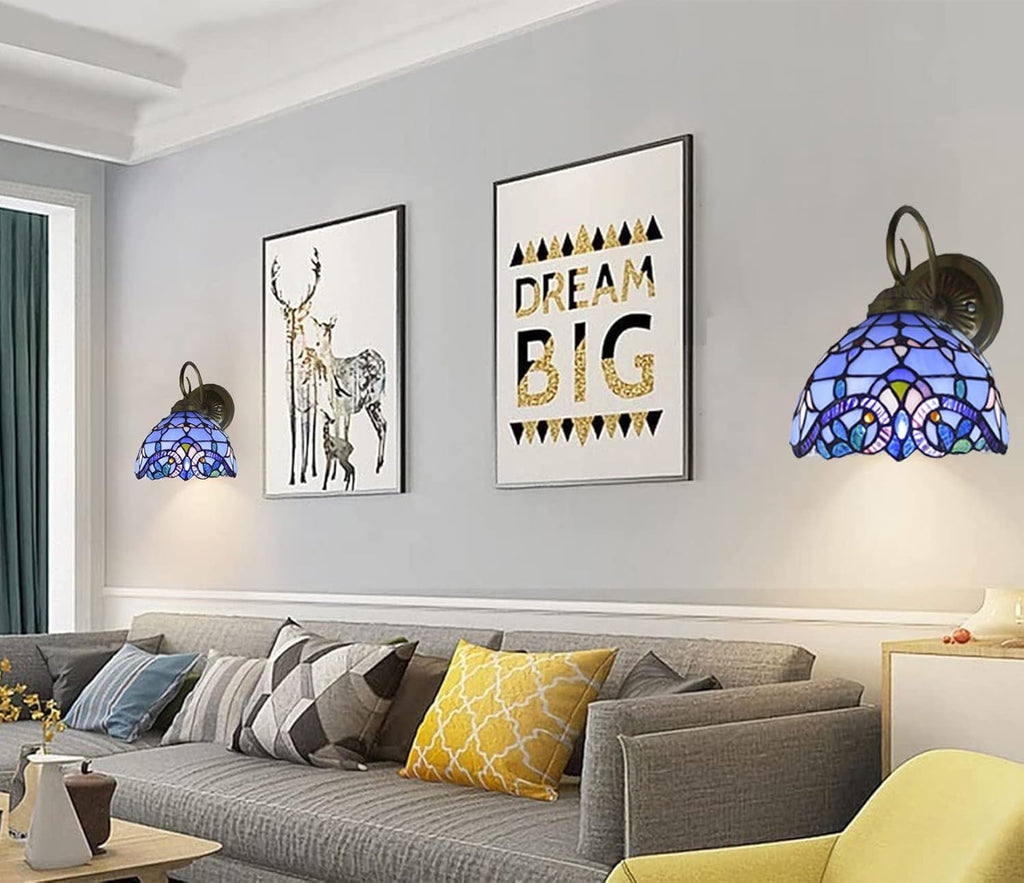 Set of Two Hand-Made Stained Glass Wall Sconce Light Fixtures, Blue B56086
