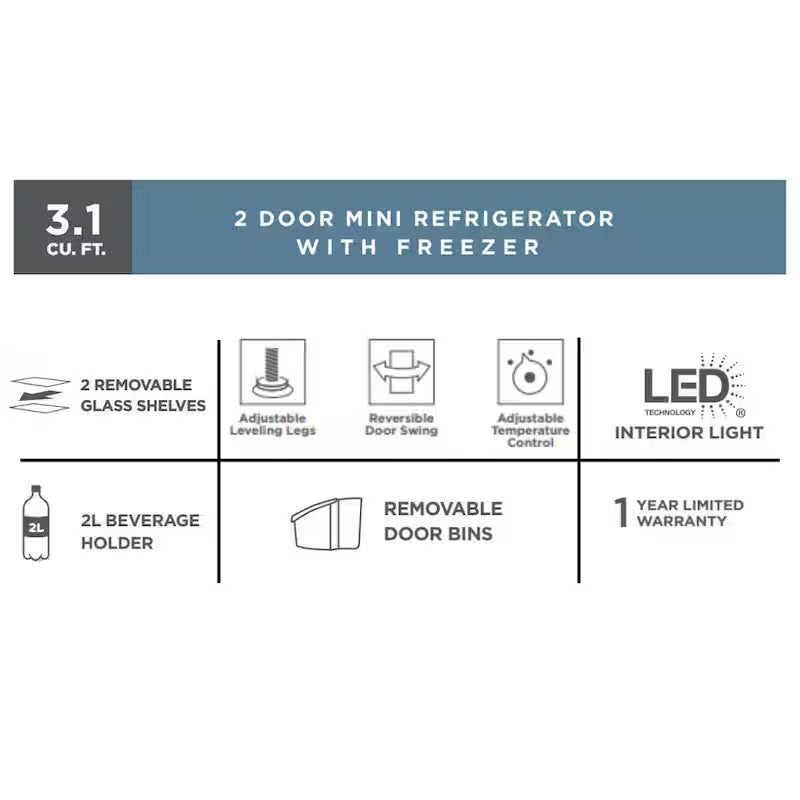 2 Door Mini Refrigerator in Black with Freezer W69085