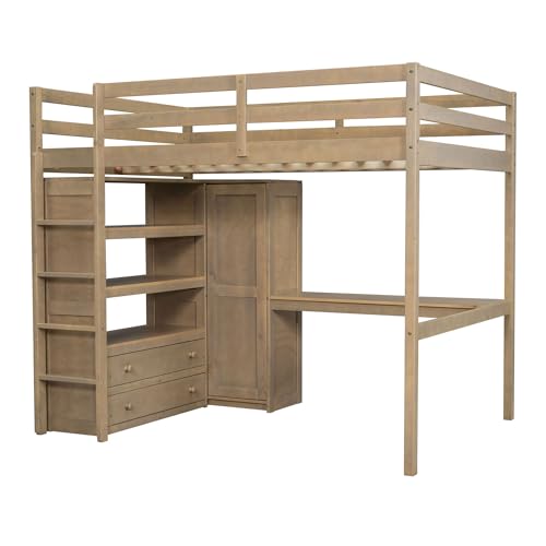 White Full Size Wood Loft Bed with Desk and Wardrobe E450