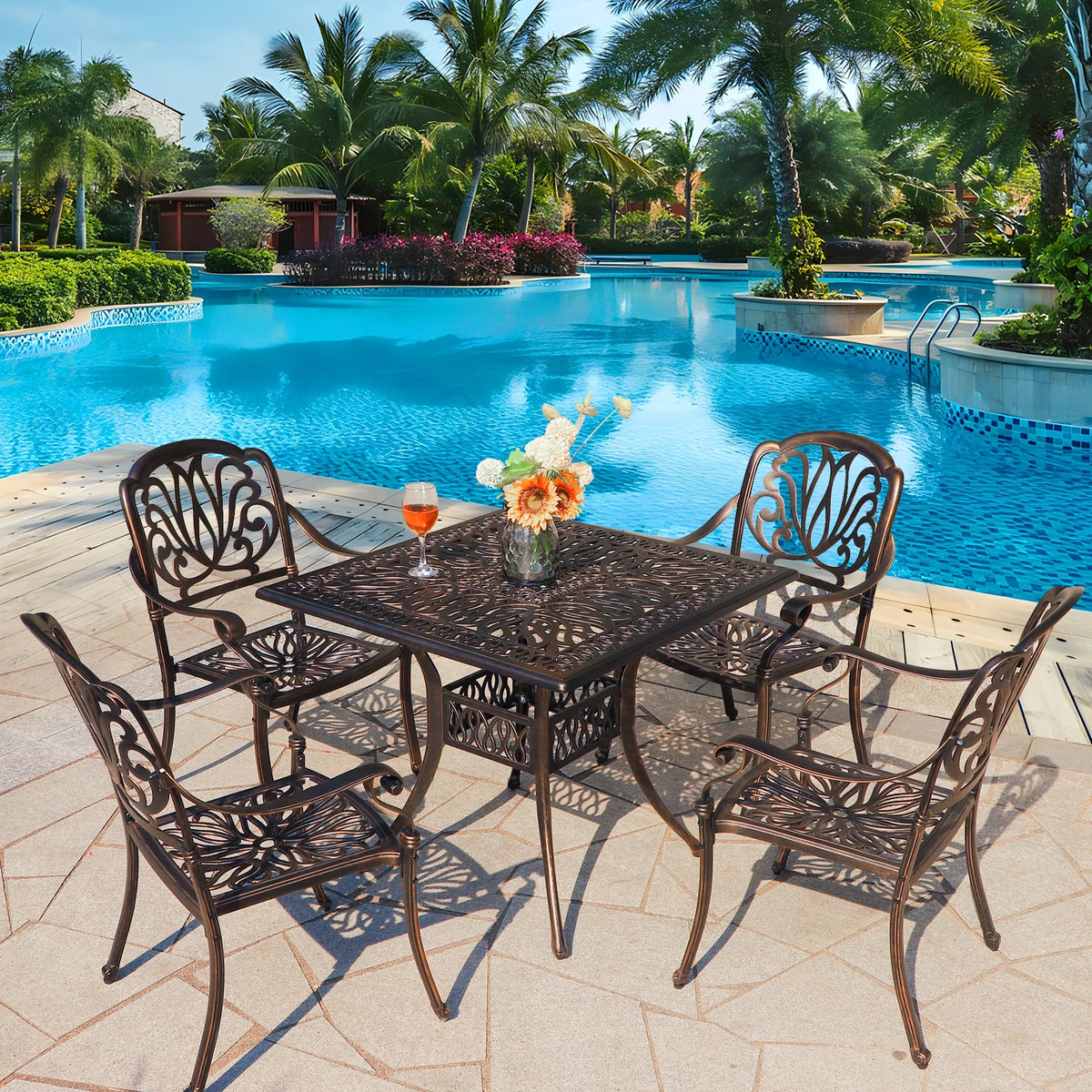 5-Piece Cast Aluminum Outdoor Dining Set with Umbrella Hole R800591