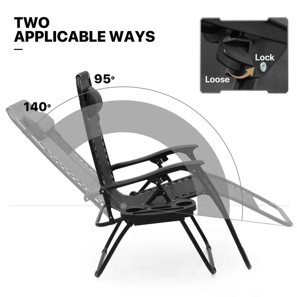 Set of 2 Black Folding Zero Gravity Chair with Pillow and Cup Holder F5755