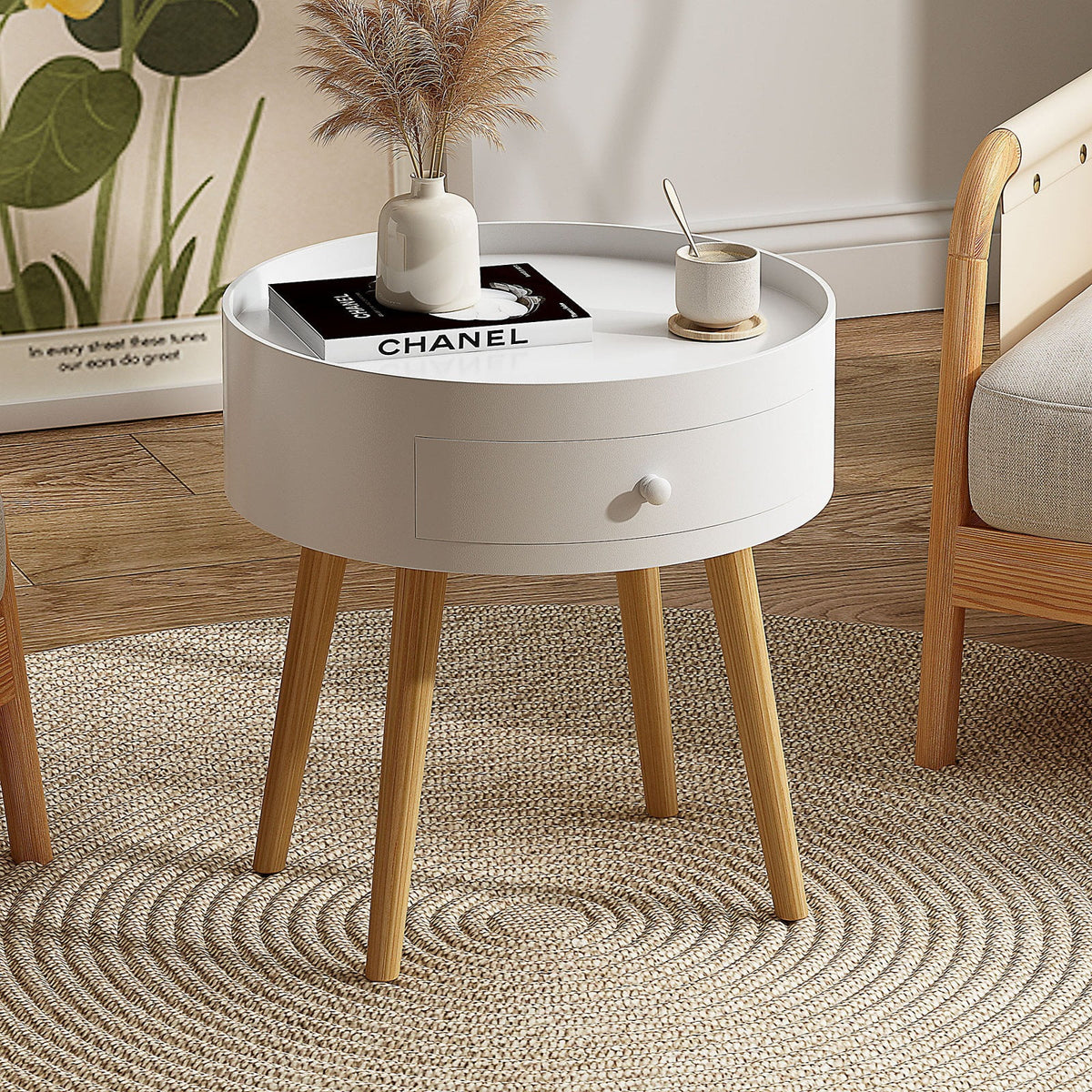 Modern Coffee Table with Drawer, Wood Legs, White, 18" H F15856