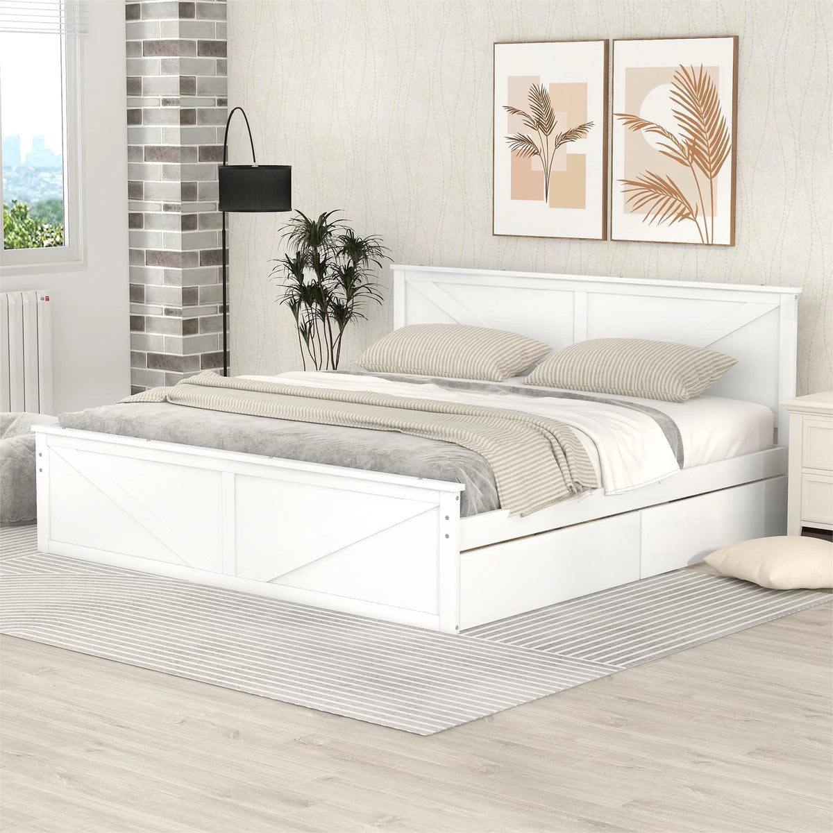 King Size White Wooden Platform Bed with Storage Drawers F23828