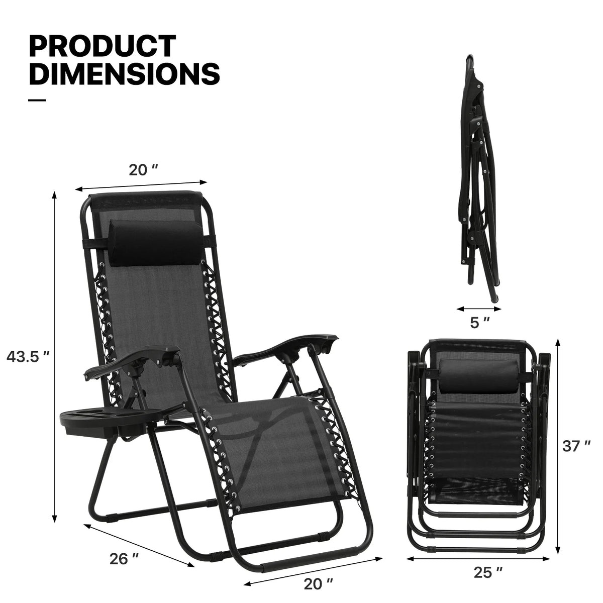 Set of 2 Black Folding Zero Gravity Chair with Pillow and Cup Holder F5755
