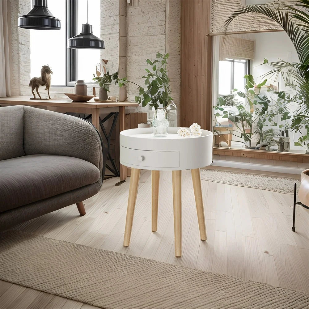 Modern Coffee Table with Drawer, Wood Legs, White, 18" H F15856