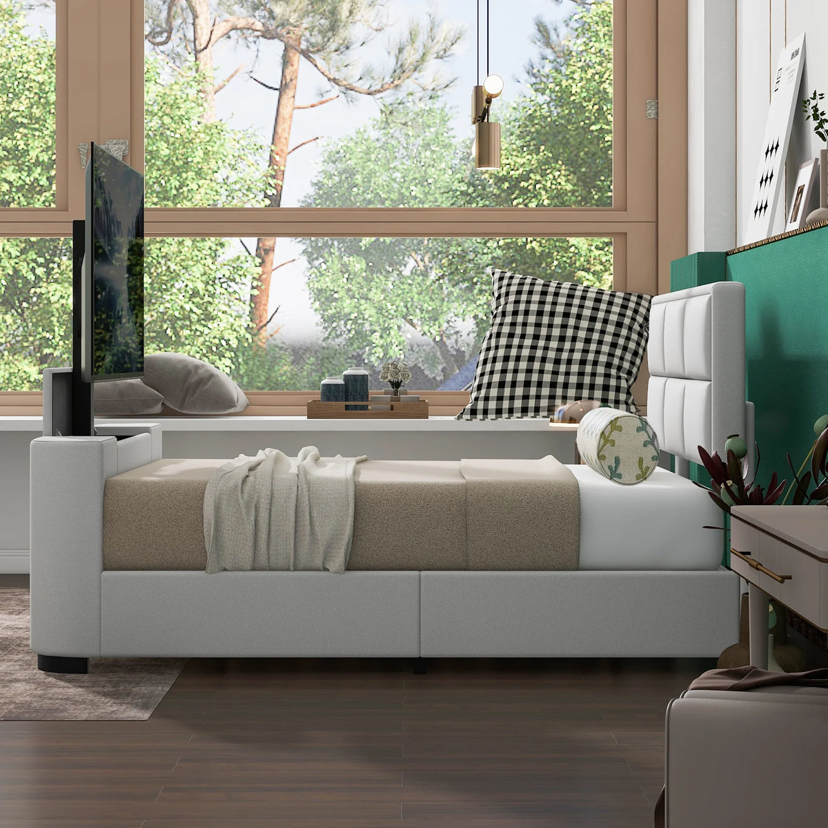 Queen Size Upholstery Platform Bed with Adjustable Headboard A29382