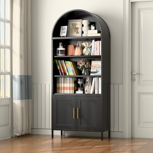 73 in Tall Black 5-Tier Metal Arched Bookcase with Doors V738