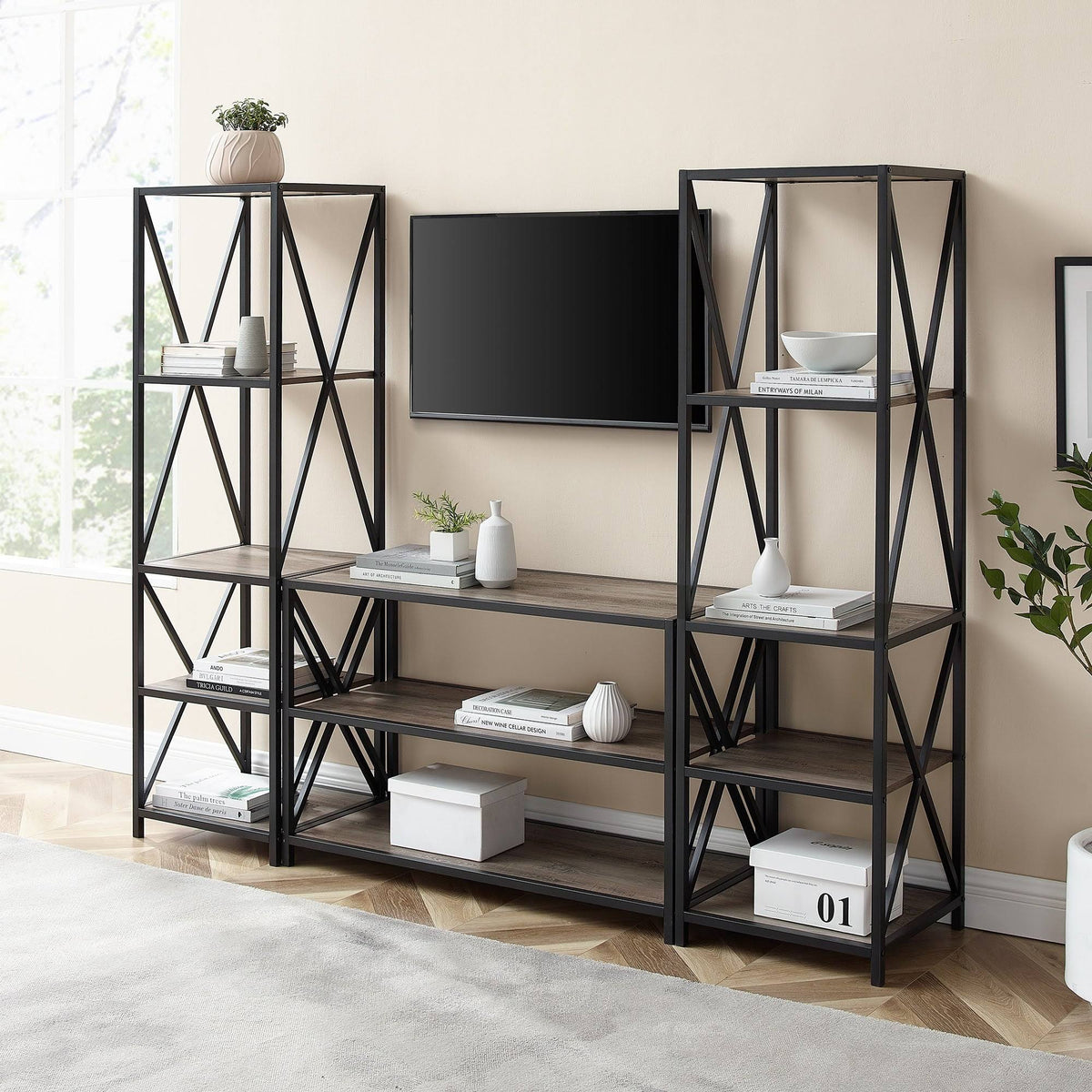 Barnwood Black Metal 3-Piece Entertainment Wall S526