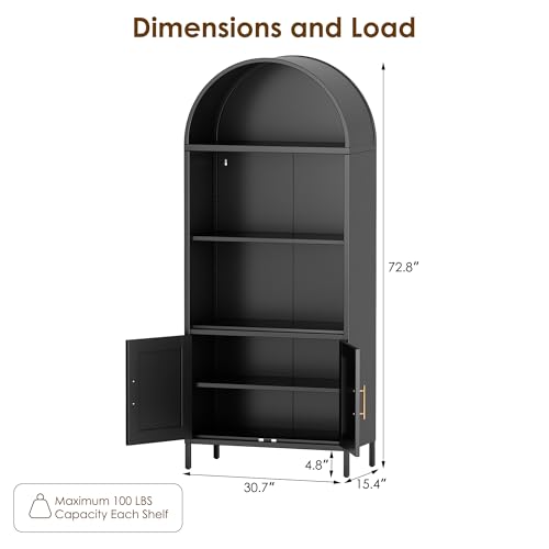 73 in Tall Black 5-Tier Metal Arched Bookcase with Doors V738