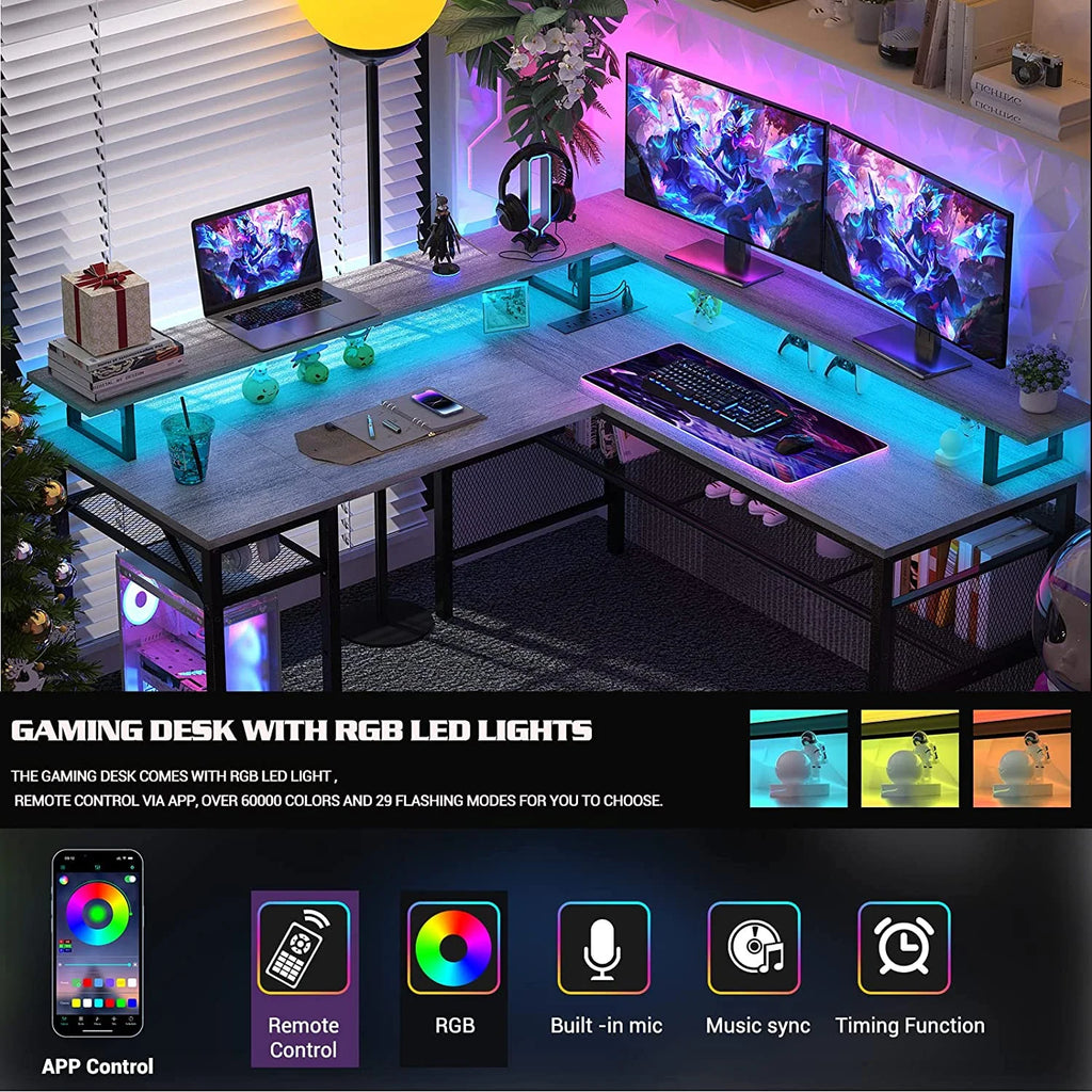 L Shaped Computer Desk with Power Outlet and LED Strip L9258