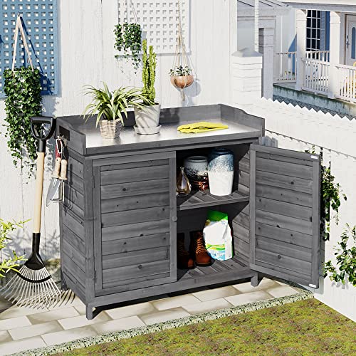 39" Grey Outdoor Wooden Storage Cabinet with Metal Tabletop O9953