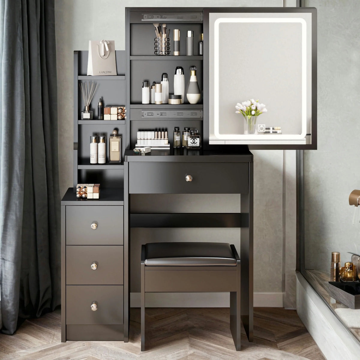 White Vanity Table with Lighted Mirror and Stool P9005