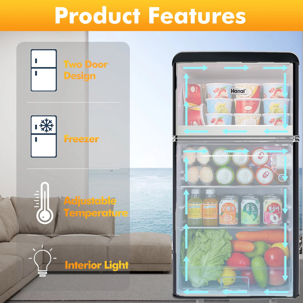 3.5 Cu Feet Two Door Mini Fridge with Freezer, Black O9300