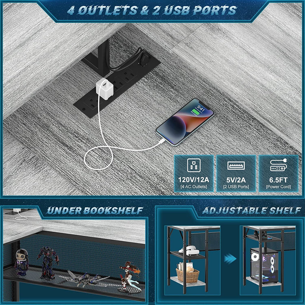 L Shaped Computer Desk with Power Outlet and LED Strip L9258