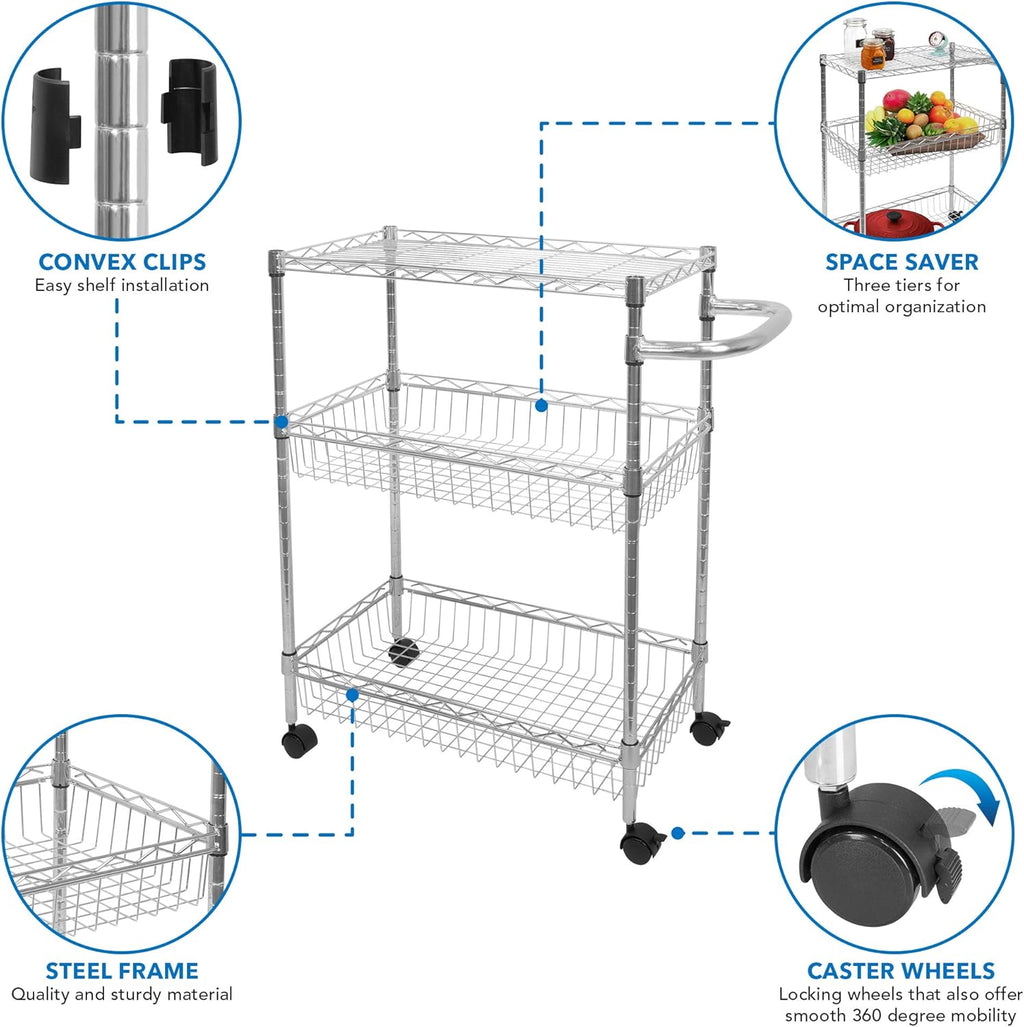 3-Tier Silver Metal Rolling Cart with Wheels P1321