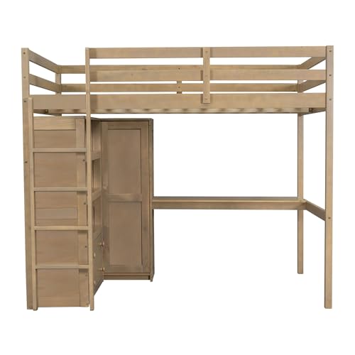 White Full Size Wood Loft Bed with Desk and Wardrobe E450