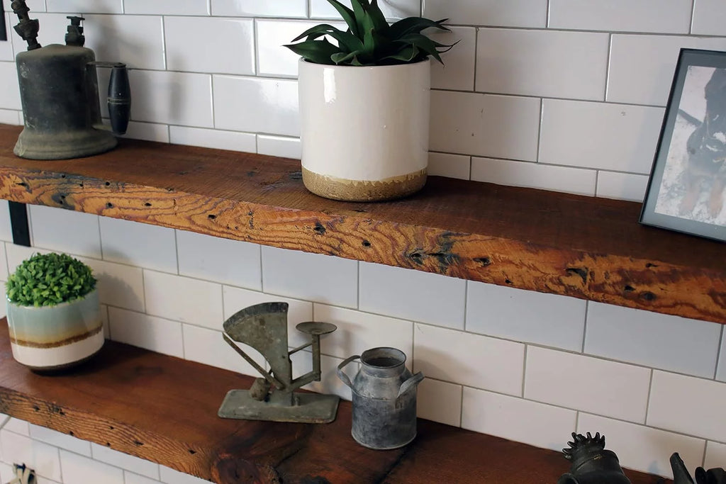 Reclaimed Wood Mantel Shelf with Steel Angle Brackets I407749