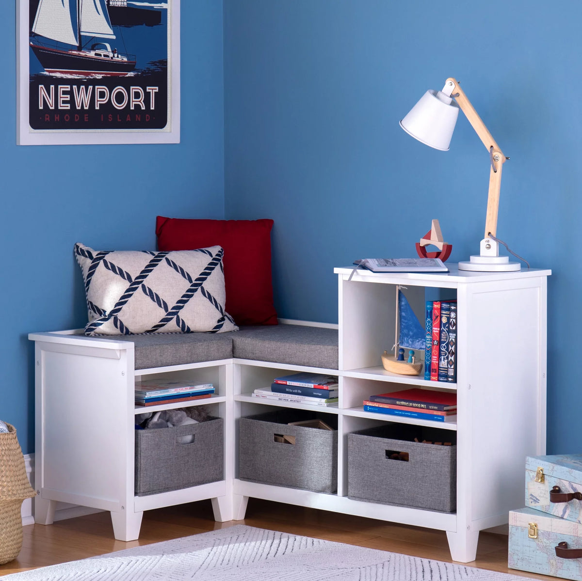 White Wooden Storage Bookcase with Seat Cushion and Fabric Bins A360