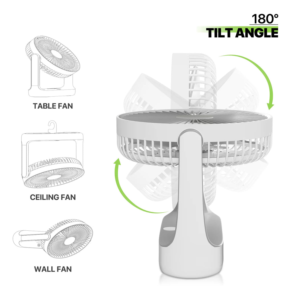 USB Desktop Fan, Rechargeable Wall Mounted Hanging Fan with LED Light, White E403025