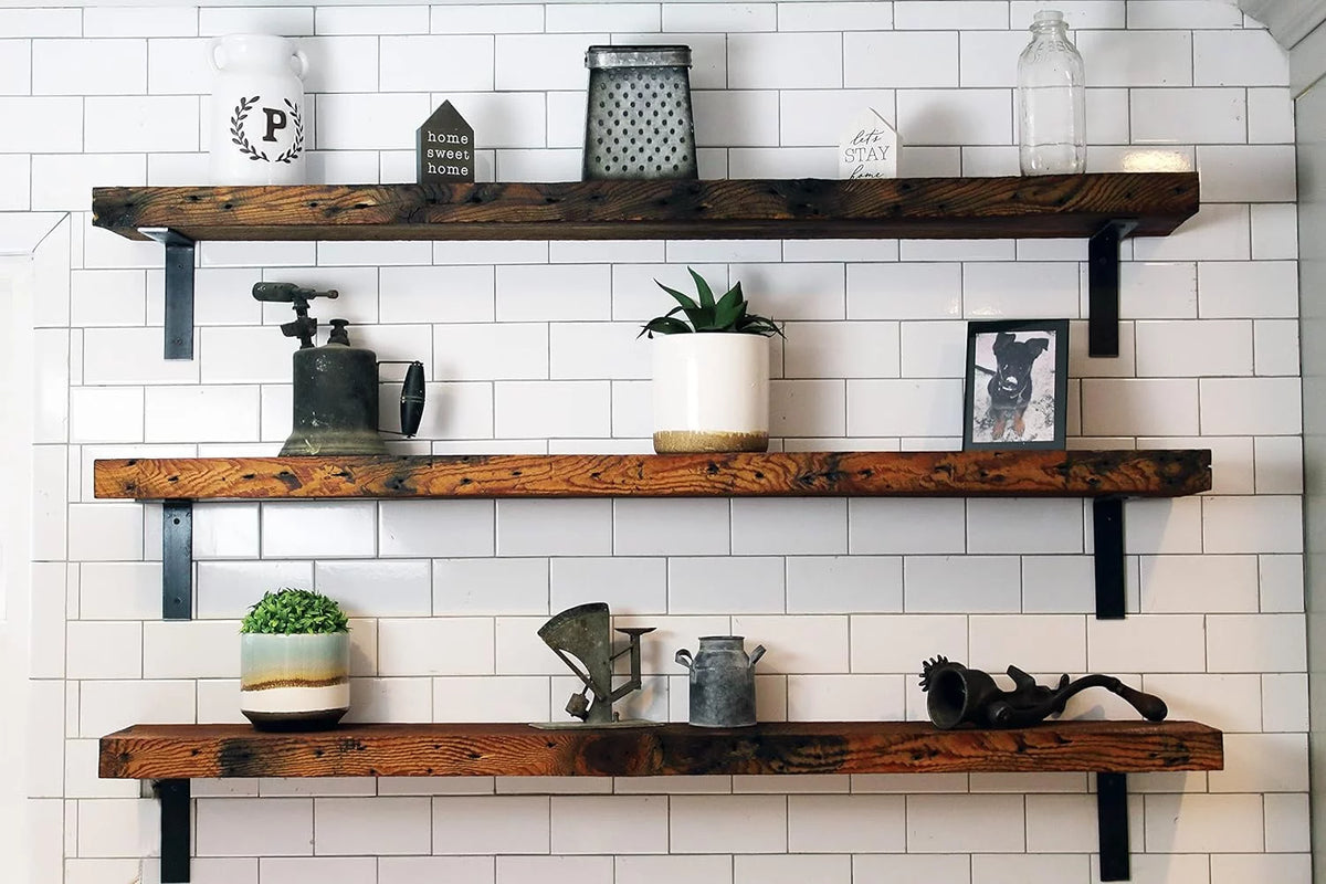 Reclaimed Wood Mantel Shelf with Steel Angle Brackets I407749