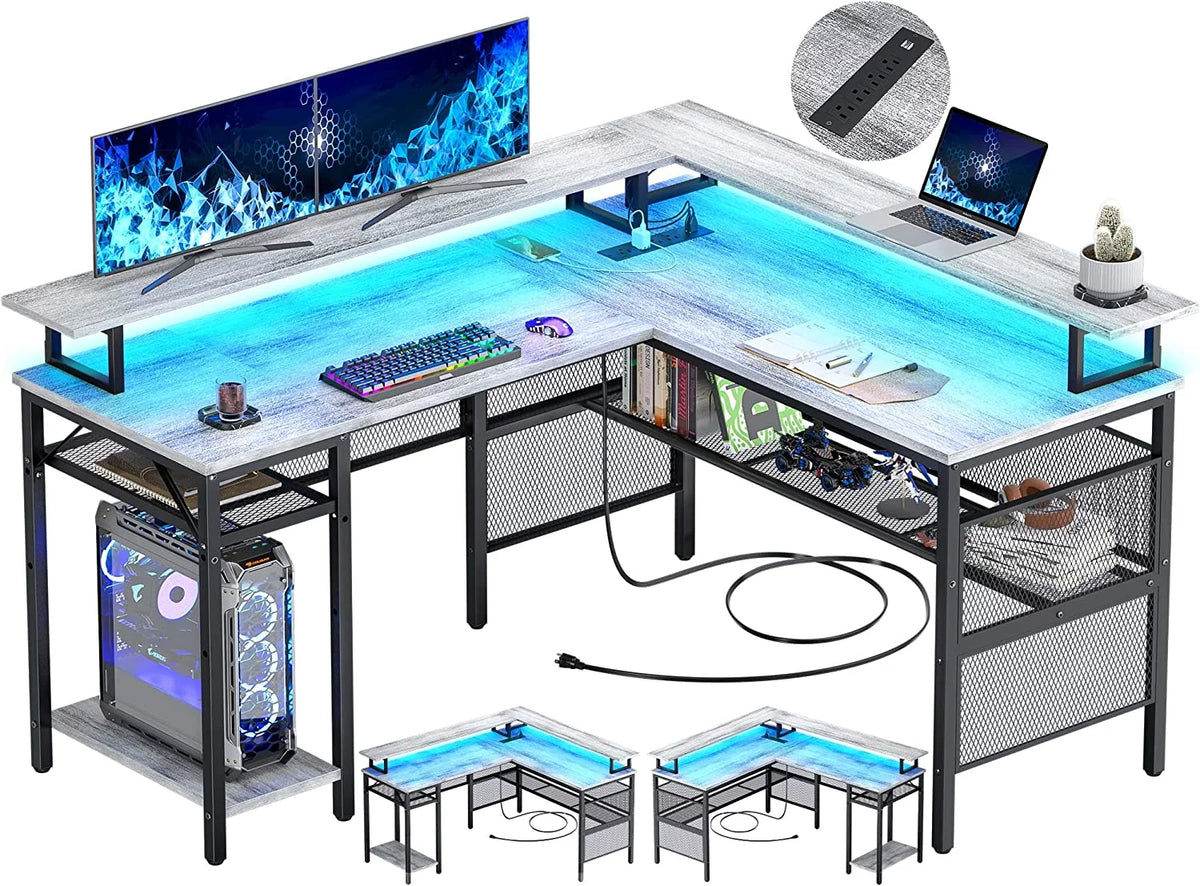 L Shaped Computer Desk with Power Outlet and LED Strip L9258