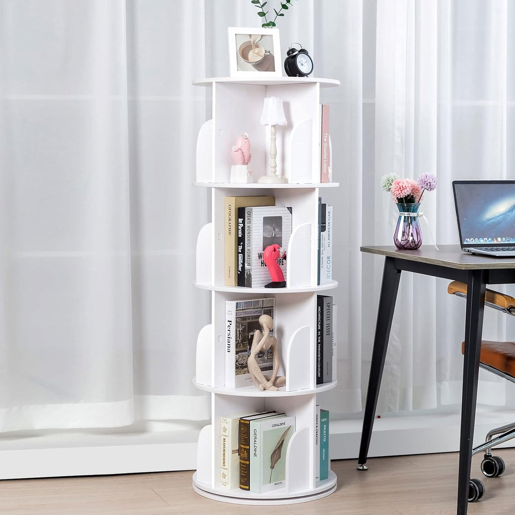 White 4 Tier 360 Rotating Wood Bookshelf R73953