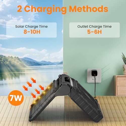 Solar Camping Fan with Lantern, Rechargeable Battery Operated, 4 Speeds, 8H Timer U517607