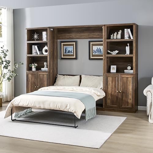 Queen Size Wall Murphy Bed with 2 Side Cabinet Storage Shelf and Built-in USB Ports J921340