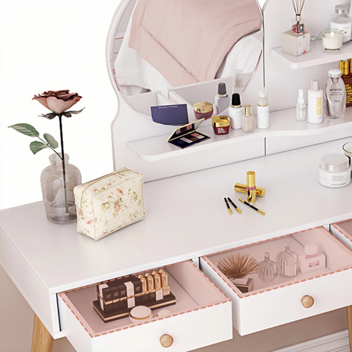White Vanity Desk with Mirror and Lights, 3 Drawers D285