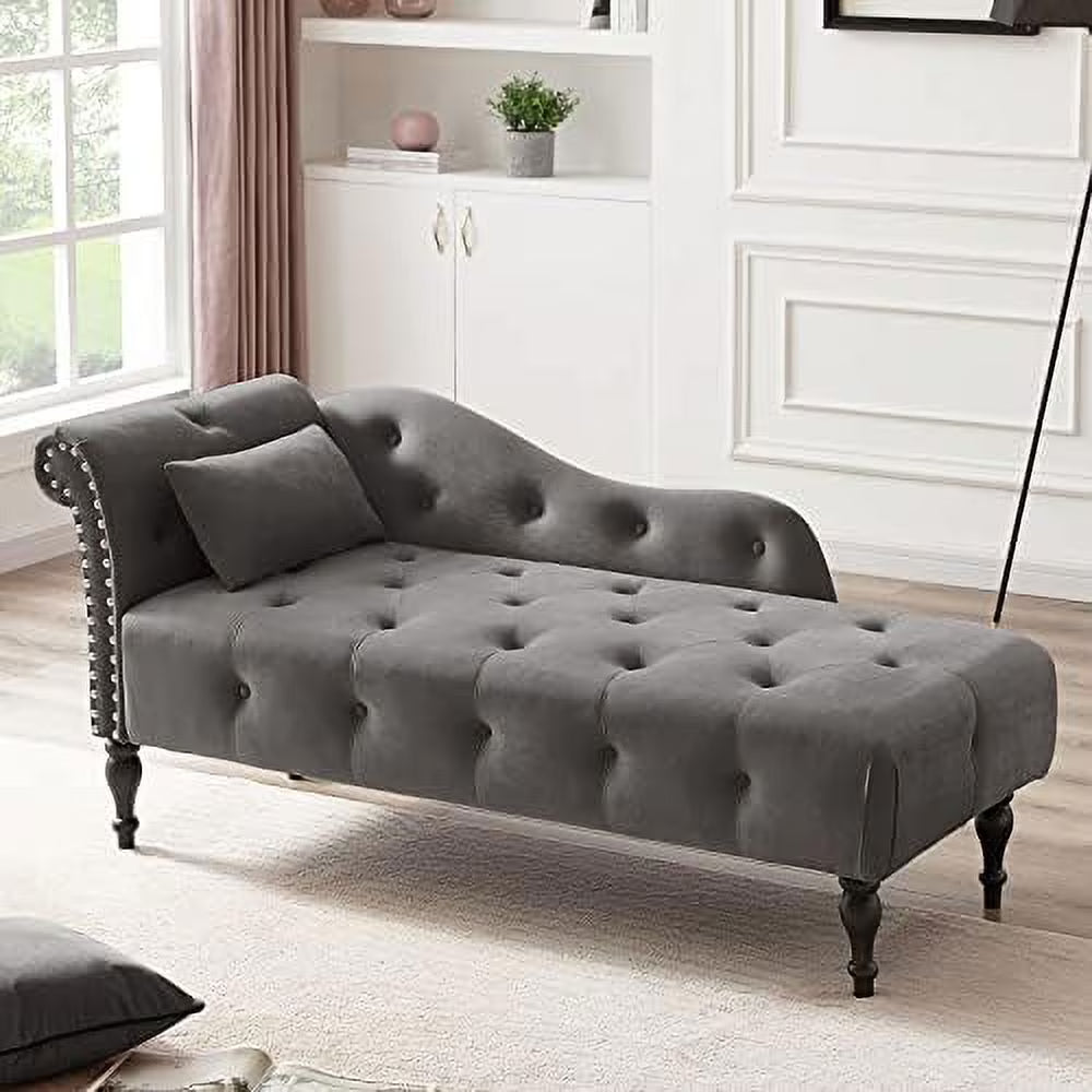 Grey Velvet Tufted Chaise Lounge Chair with Pillow P819662