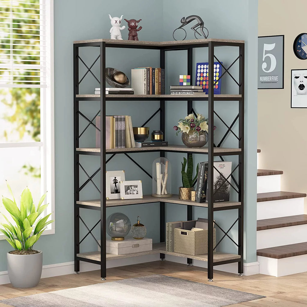 5-Shelf Corner Bookshelf with Metal Frame T592