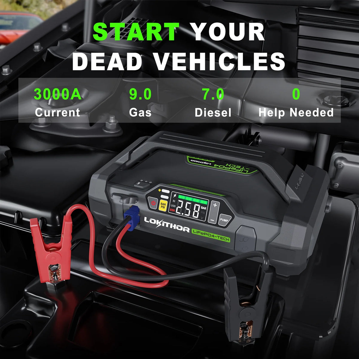 Jump Starter with Air Compressor, 3000Amp 12V Lithium Iron Phosphate Car Starter Battery, 150 PSI Tire Inflator with Digital Screen Y5171