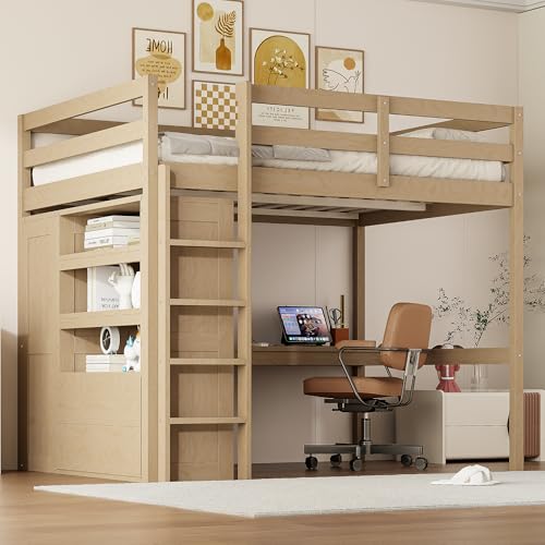 White Full Size Wood Loft Bed with Desk and Wardrobe E450
