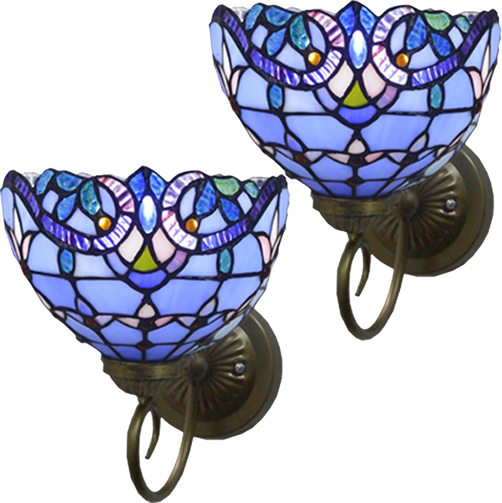 Set of Two Hand-Made Stained Glass Wall Sconce Light Fixtures, Blue B56086