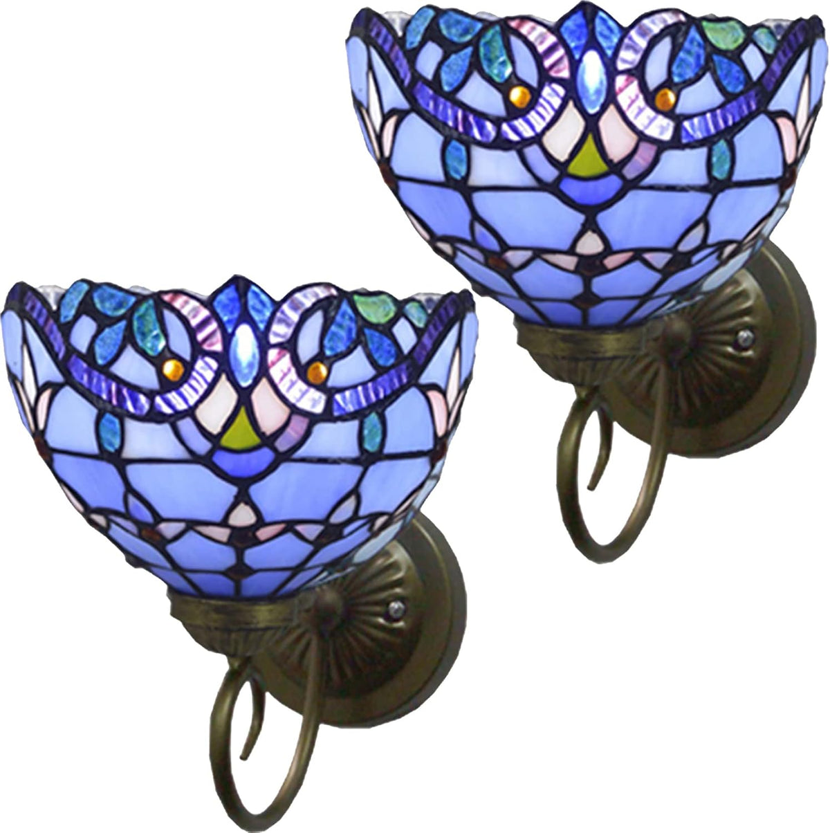 Set of Two Hand-Made Stained Glass Wall Sconce Light Fixtures, Blue B56086