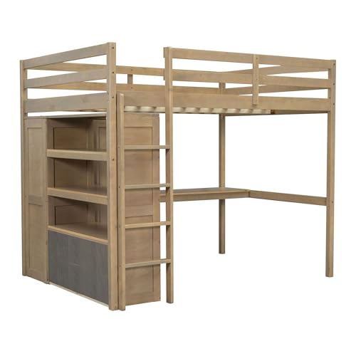 White Full Size Wood Loft Bed with Desk and Wardrobe E450
